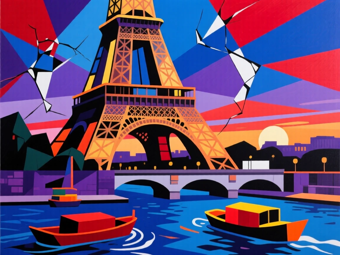 The Eiffel Tower illuminated at twilight as boats drift along the Seine below.