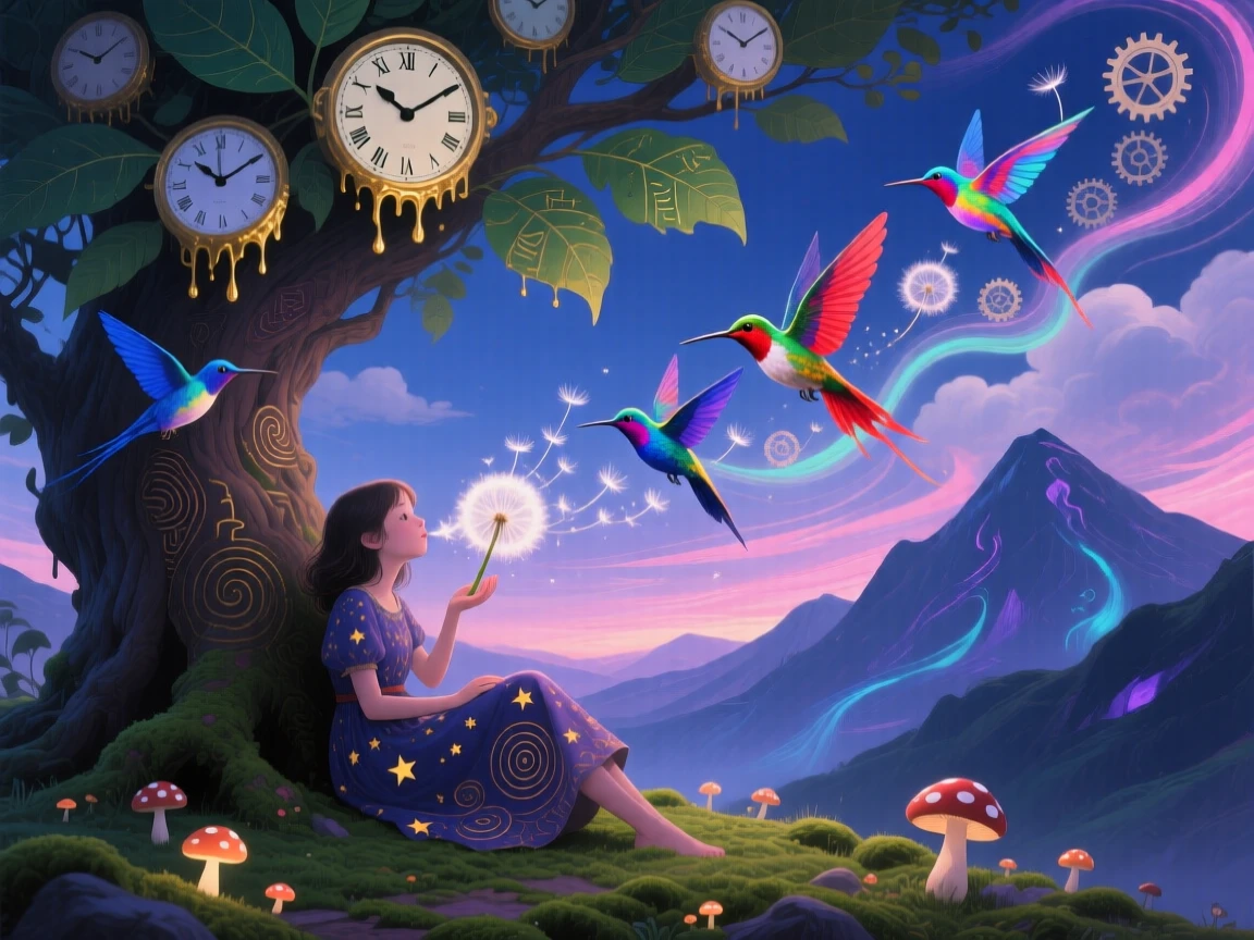A girl blowing dandelion seeds that turn into birds mid-air sits beneath a tree whose leaves are made of clock faces, while distant mountains bow slightly in their direction.