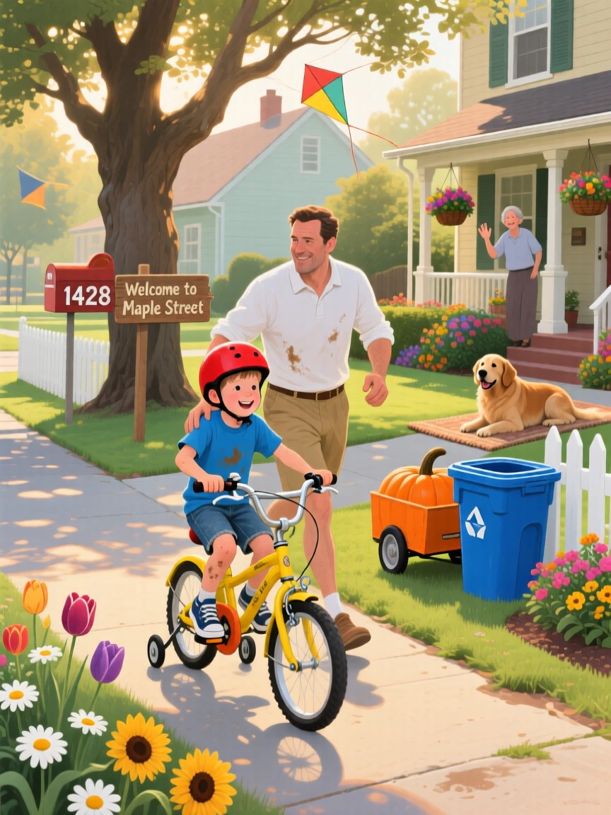 A father teaches his young son to ride a bicycle in a quiet suburban street, running alongside with a supportive hand on the seat, a quiet warmth radiating from the interaction, grounded in small authentic details.