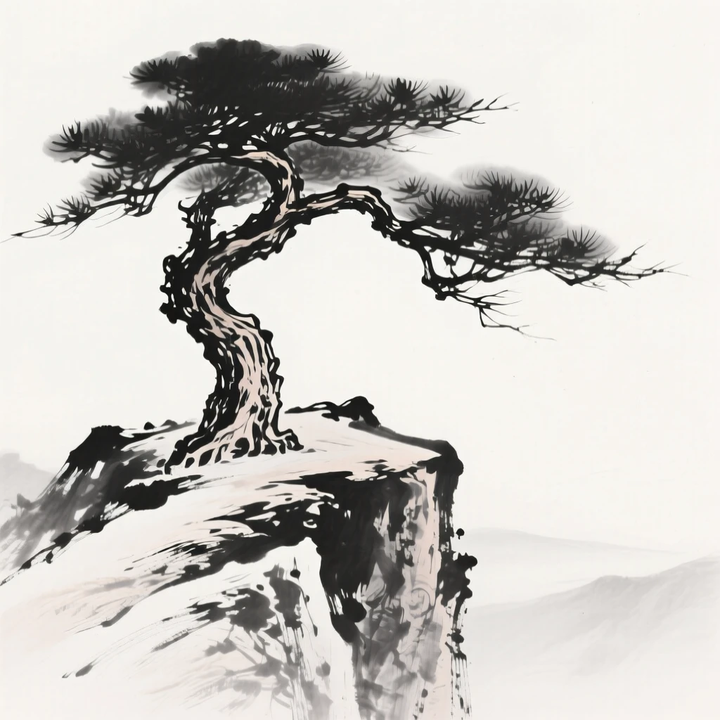 A solitary pine stands atop a wind-scoured summit, as the wind bends its branches toward the cliff edge.