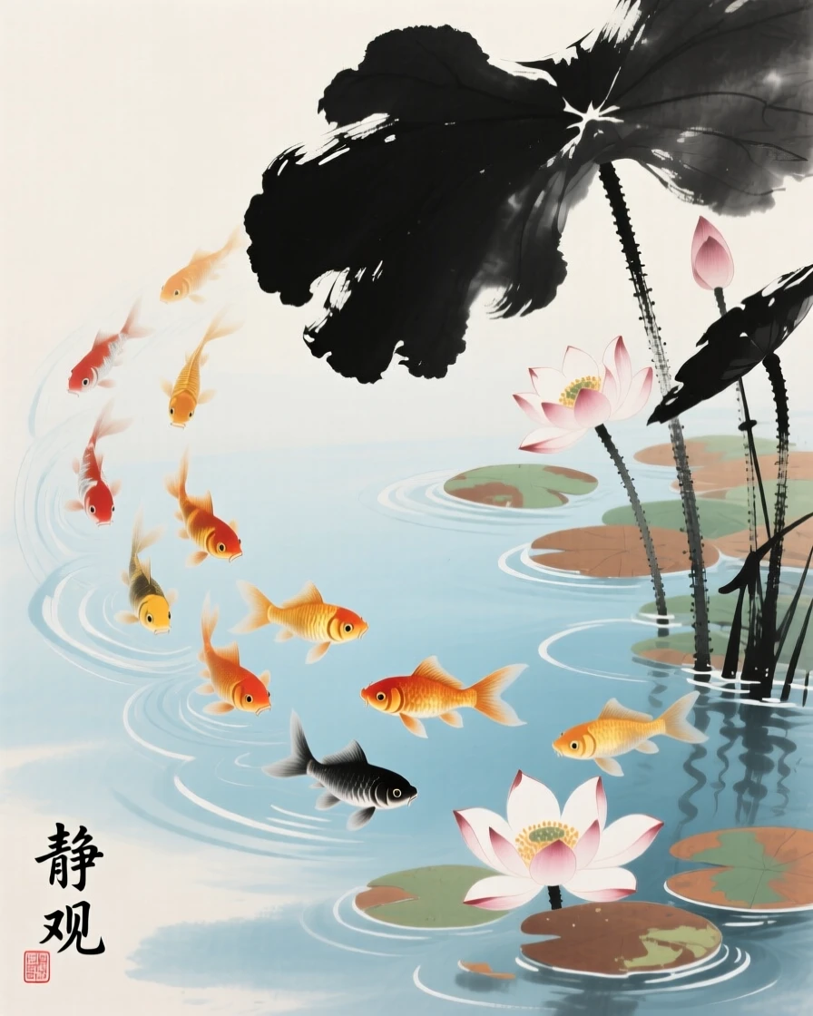 A school of goldfish gliding beneath floating water lilies, brimming with peaceful contentment.