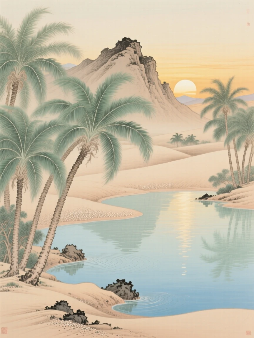 A desert oasis with palm trees and clear water, the first light of sunrise touching the highest peak