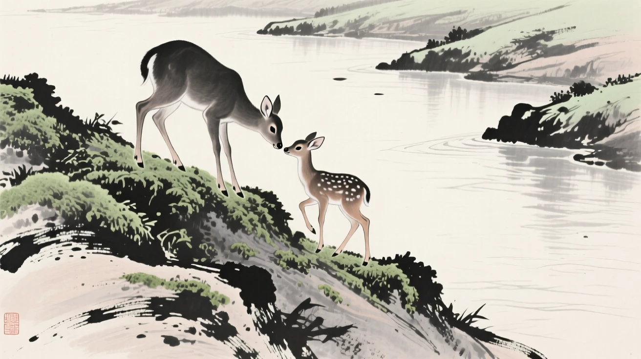 A young fawn beside its mother climbing a steep, moss-covered slope along the bank of a quiet river, framed low to the ground for an intimate, close perspective, suggesting calm alertness within a peaceful world.