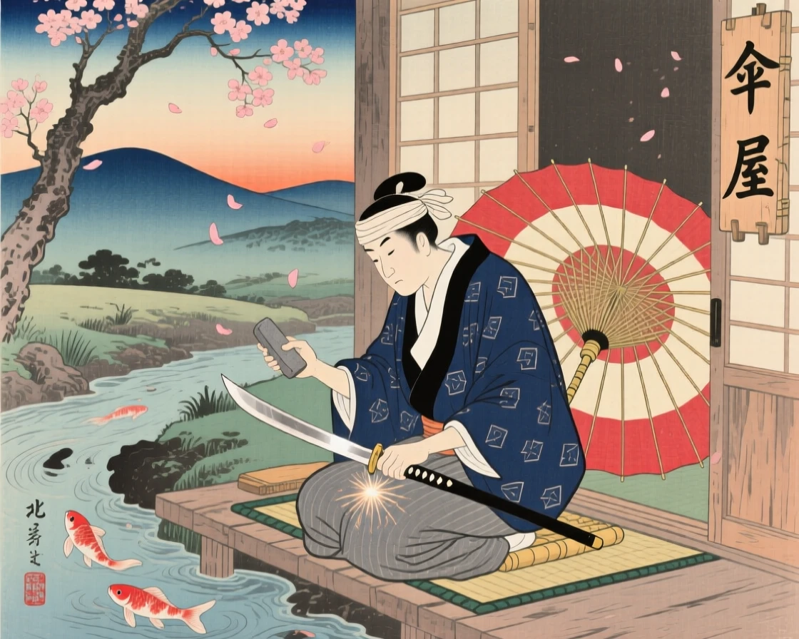 An umbrella seller polishing a blade in quiet contemplation.
