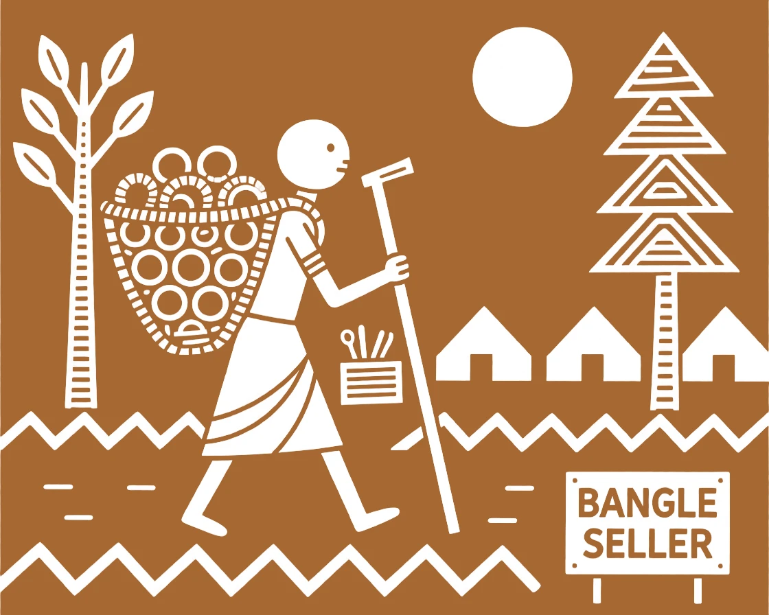A bangle seller carrying tools home after a long day.