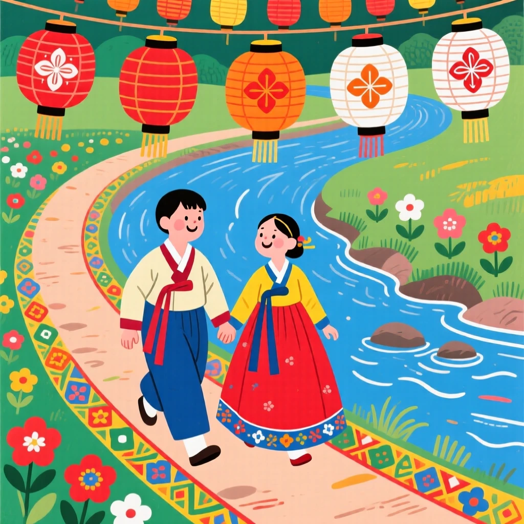 A young couple walking hand in hand along a river path, under strings of paper lanterns.