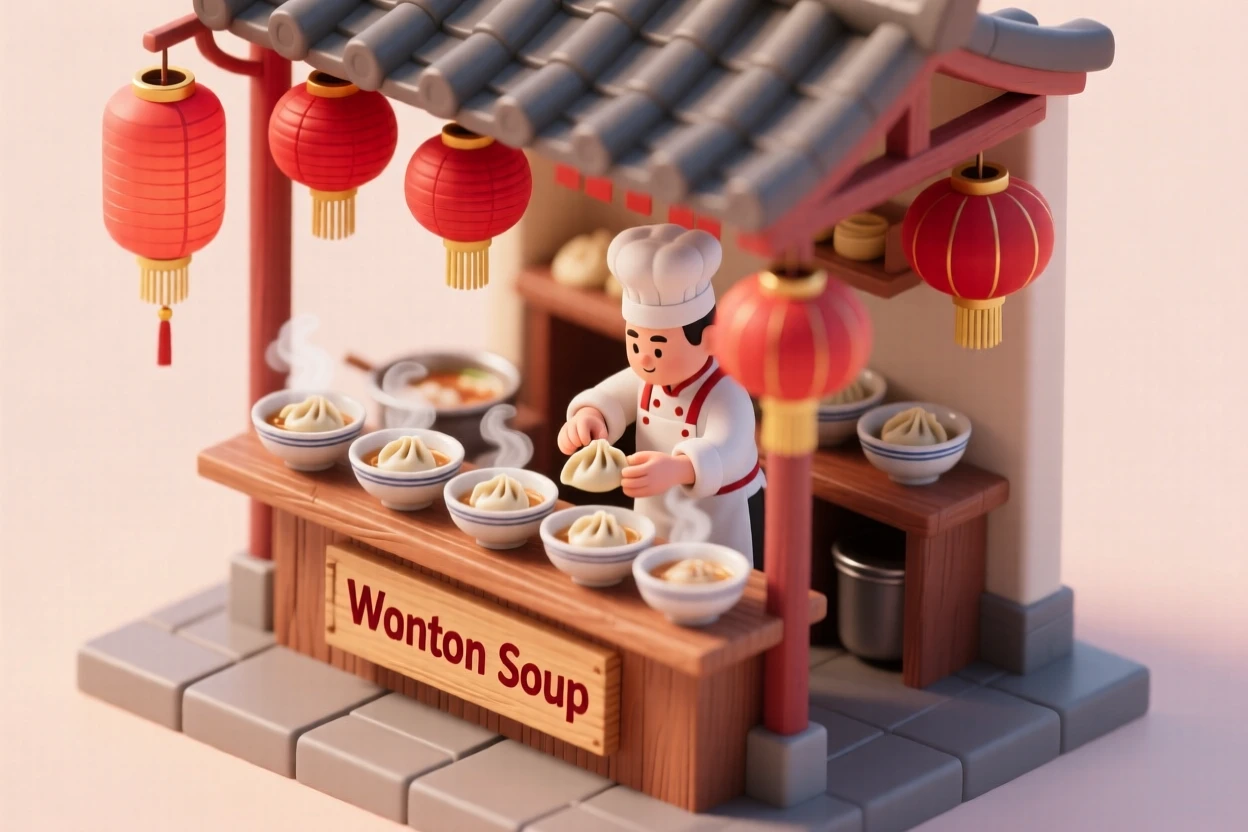 A bustling wonton soup stall with steaming bowls lined up, a chef folding dumplings deftly, and red lanterns swaying above.