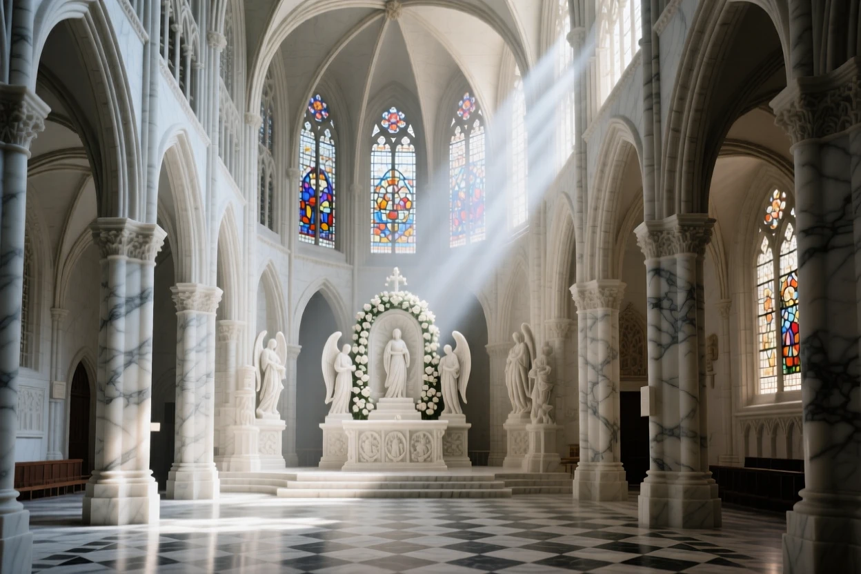 A striking, atmospheric depiction of a grand cathedral interior filled with light, showcasing timeless elegance and grandeur