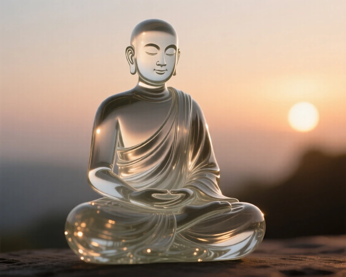 A monk in quiet meditation at sunrise set against a simple blurred background, dramatic side lighting carving out the features, mood tender and heartfelt.