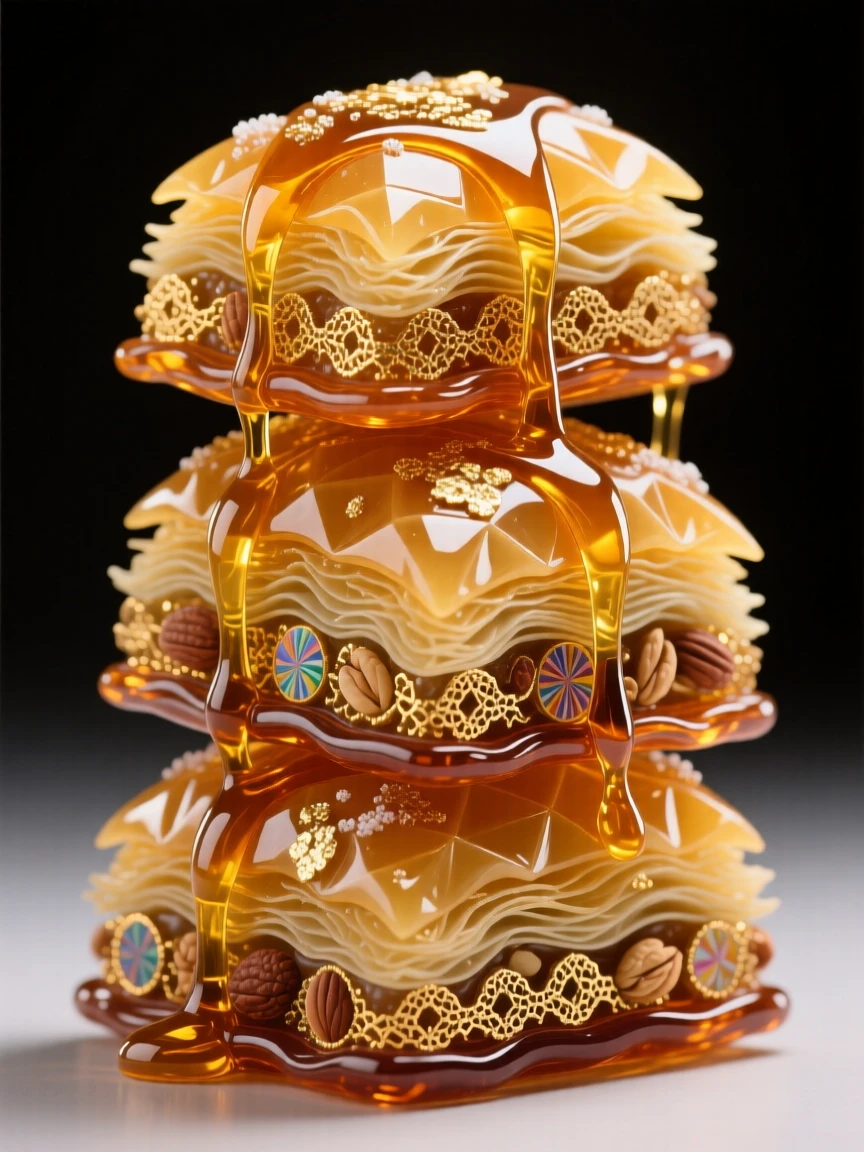 A stack of golden honey-drizzled baklava, sweet and intricate.