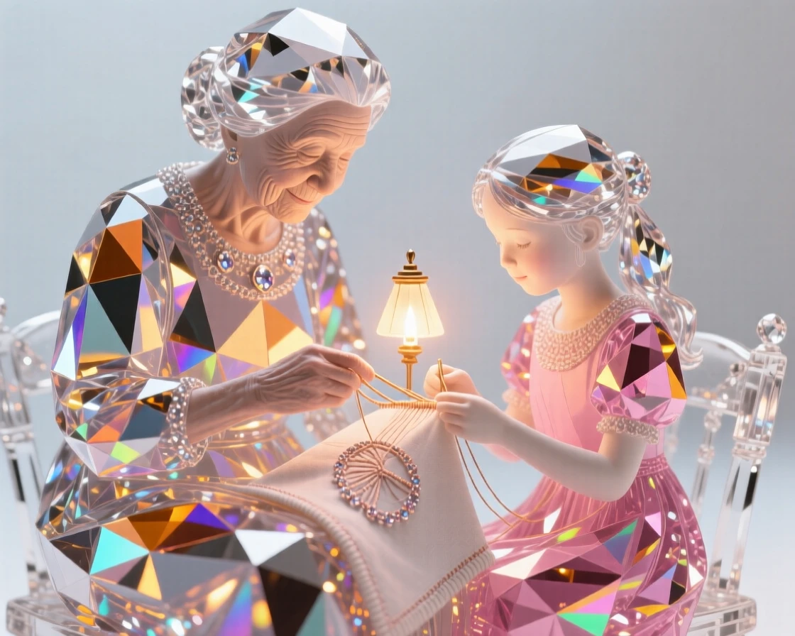 A grandmother teaching her granddaughter traditional embroidery by lamplight.