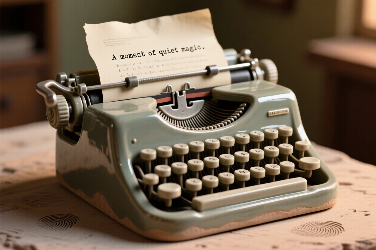 A vintage typewriter with a page mid-type caught in a moment of quiet everyday magic, surrounded by soft shadows and warm tones, radiating warmth and homely comfort.