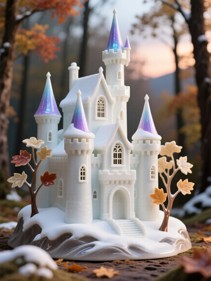 A snow-capped castle surrounded by autumn forest, its towers catching the last light of day.