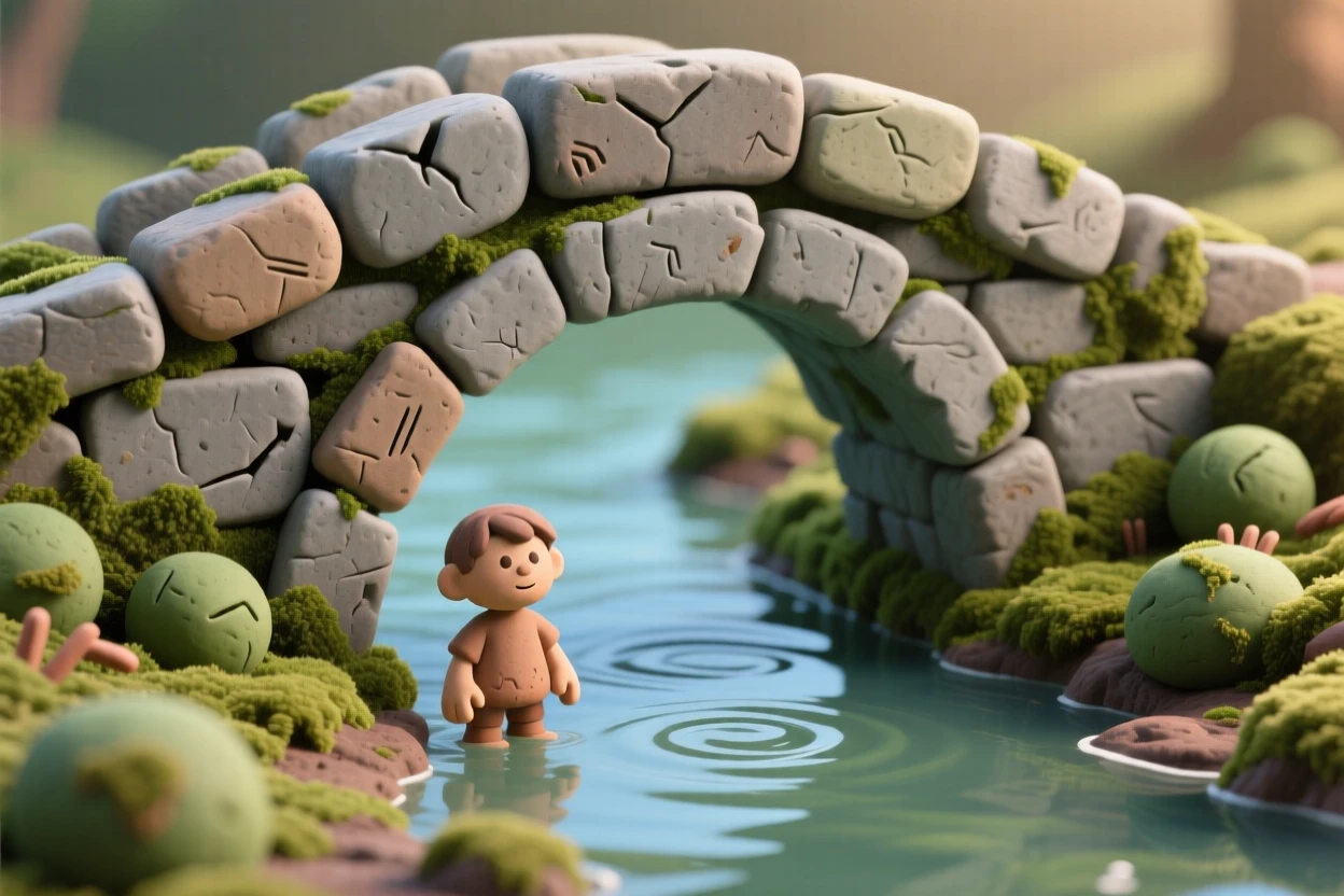 An ancient stone bridge arching over a quiet moss-covered river