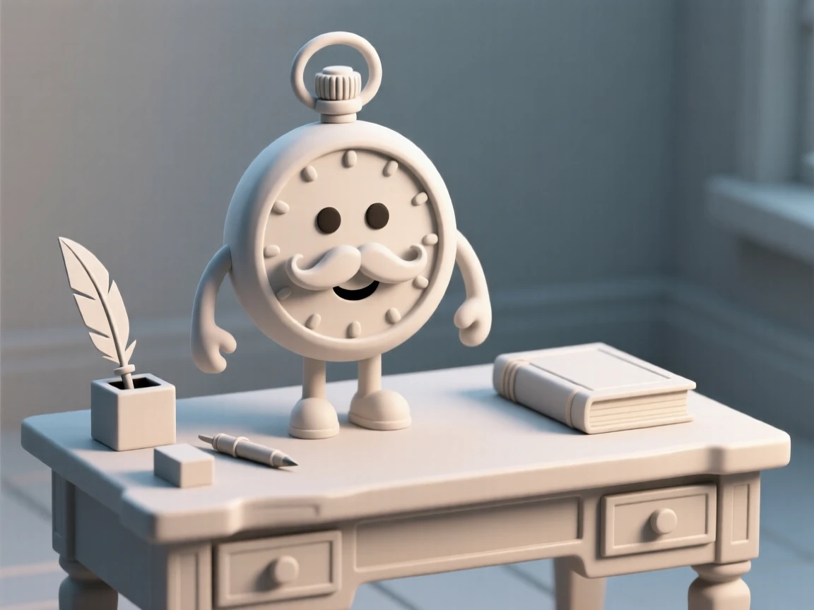 A charming pocket watch character with hands forming a mustache ticks cheerfully atop an antique writing desk.