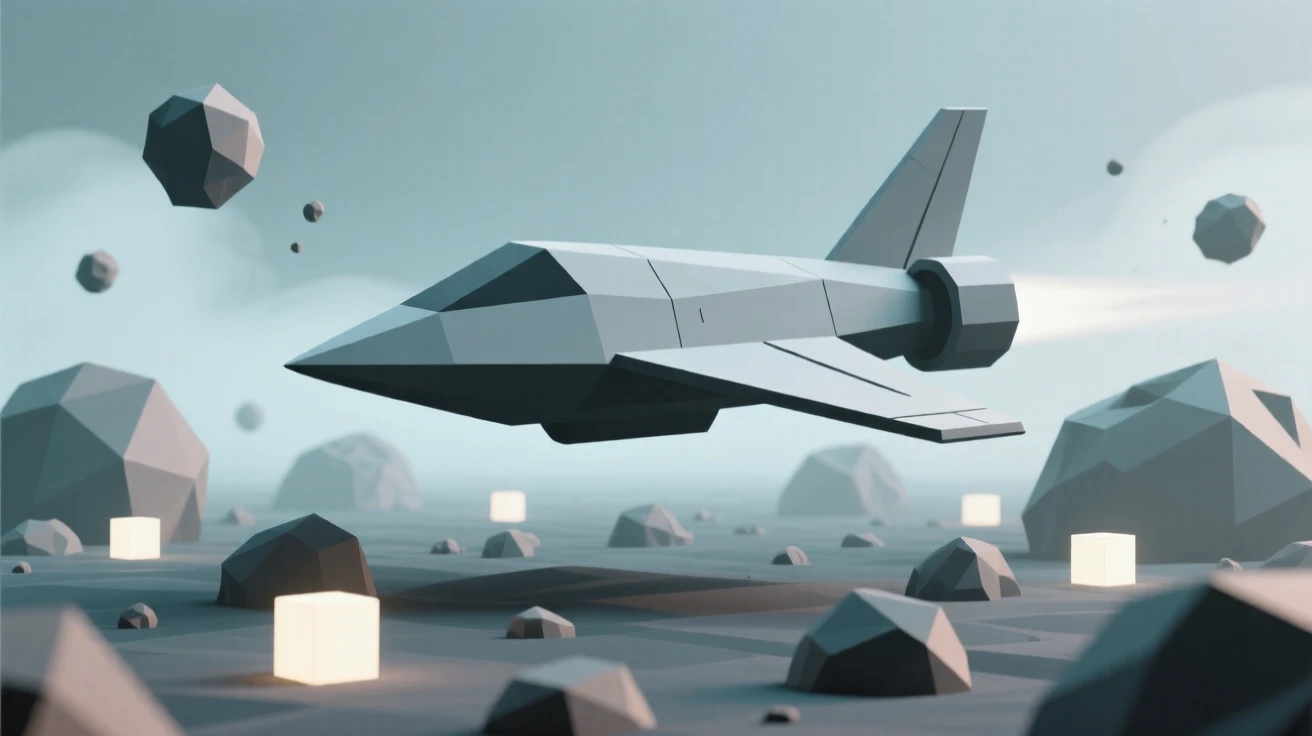 A spacecraft gliding past a field of asteroids, surrounded by soft glowing mist. soft glowing light sources create a sense of depth and scale. There is a dreamlike, otherworldly quality to the moment.