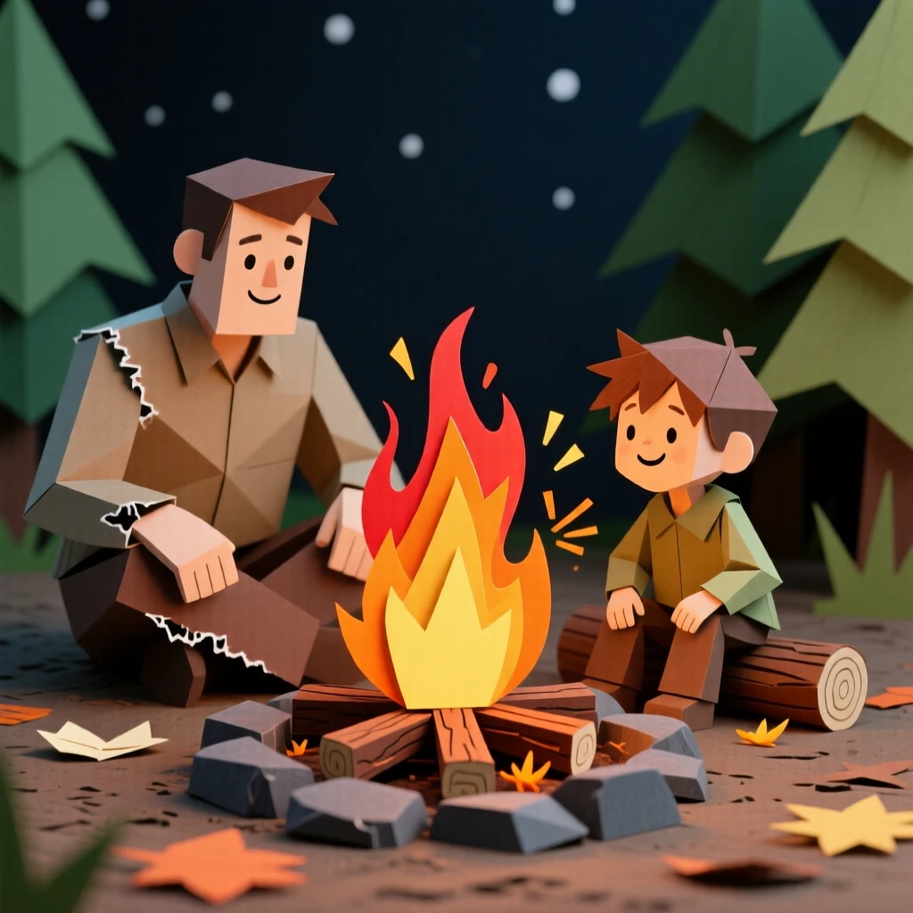 A father and his son sharing a quiet moment by a crackling campfire, with soft laughter caught mid-moment, capturing carefree, memorable joy.