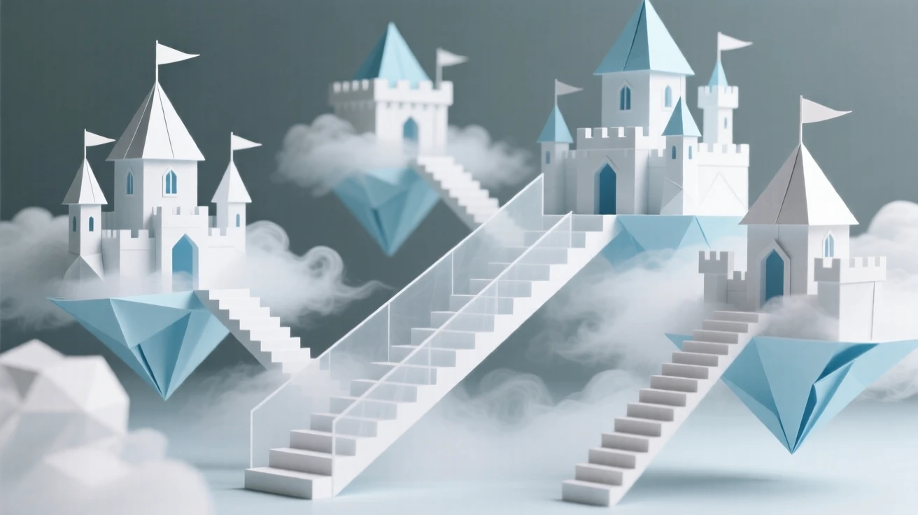 A cloud kingdom where staircases made of mist lead to castles drifting in the sky.