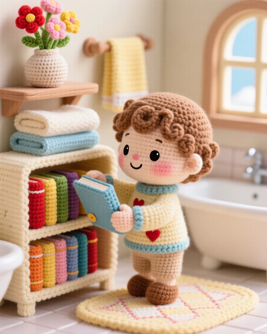 A tender everyday moment: a small child organizing a bookshelf with books stacked by color, carefully sliding a book into place inside a warm bathroom with towels folded neatly; a small vase of fresh garden flowers completes the scene, full of warm familial love and simple comfort.