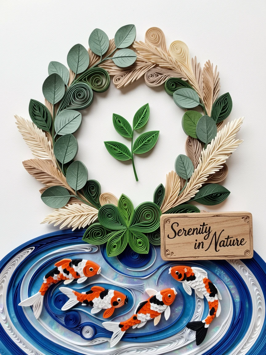 A serene botanical study of a wreath of eucalyptus and pampas grass beside a tranquil koi pond, with delicate veining visible on each leaf, arranged with a single stem as the clear focal point.