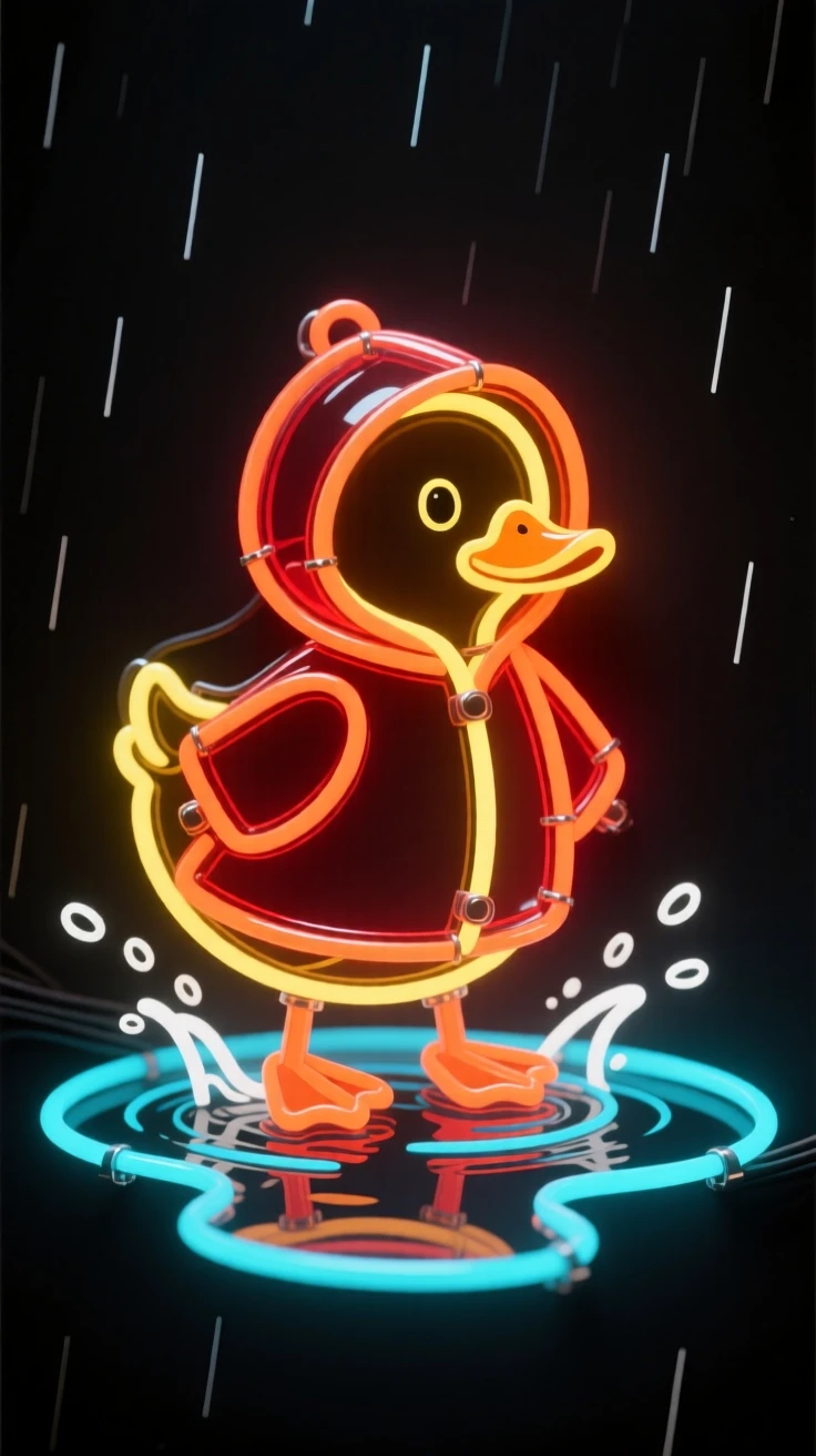A duckling wearing a tiny raincoat splashing in a puddle.