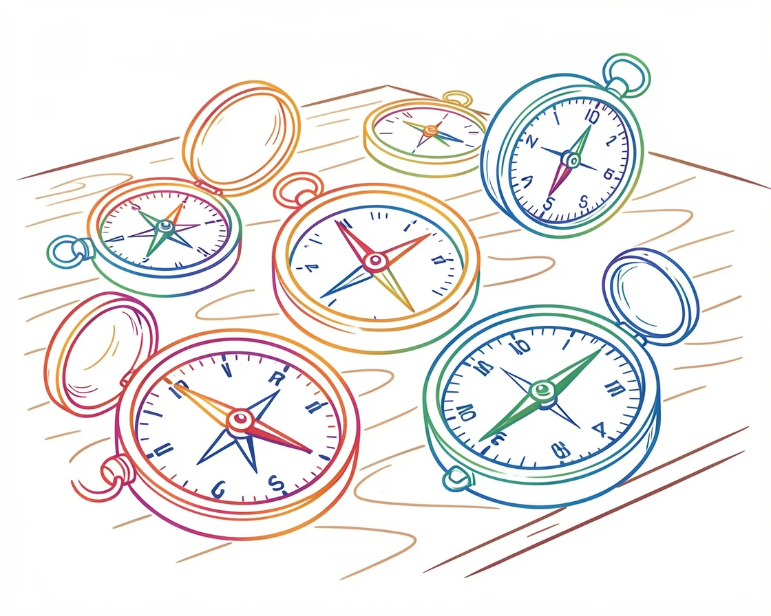 A display of antique compasses and sextants on a wooden desk.