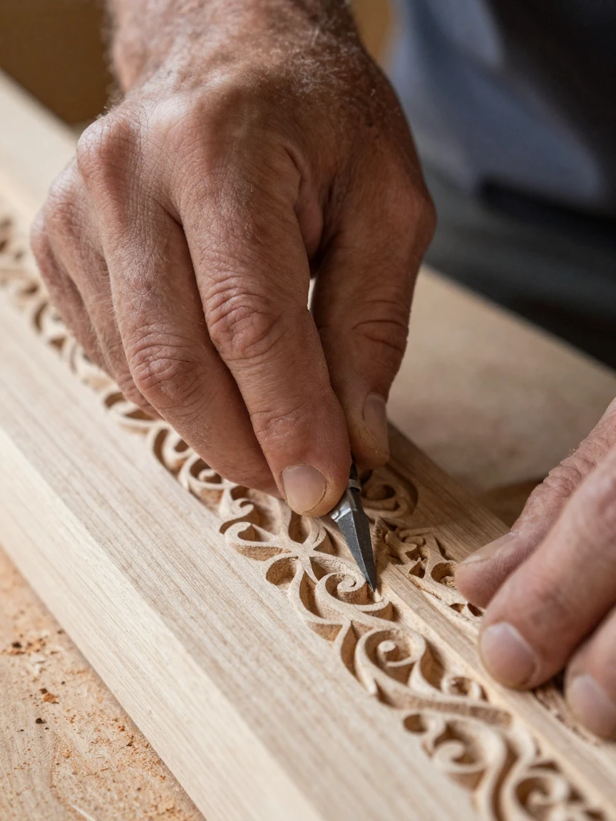 A close-up of a craftsman carving intricate wood detail
