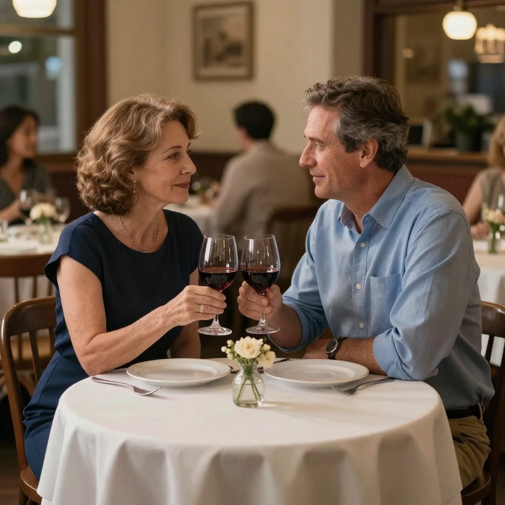 A widow and her late husband's best friend share a quiet toast at an anniversary dinner.