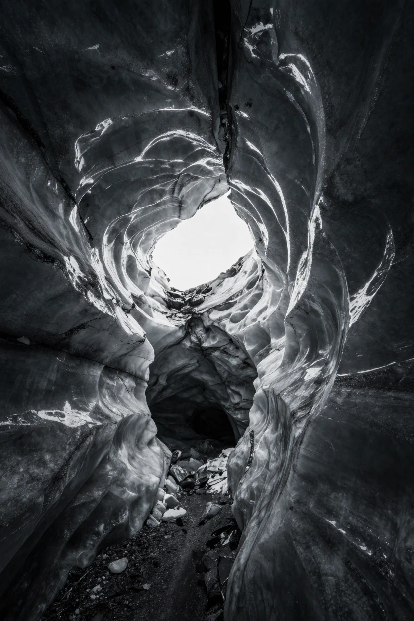 An ice cave glows blue with filtered daylight deep inside a glacier.