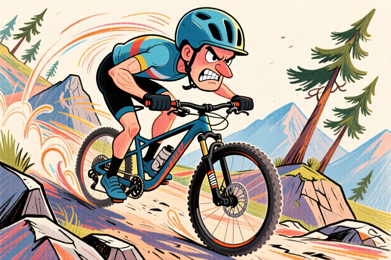 A cyclist racing downhill, helmet low, legs pumping furiously on a mountain trail.