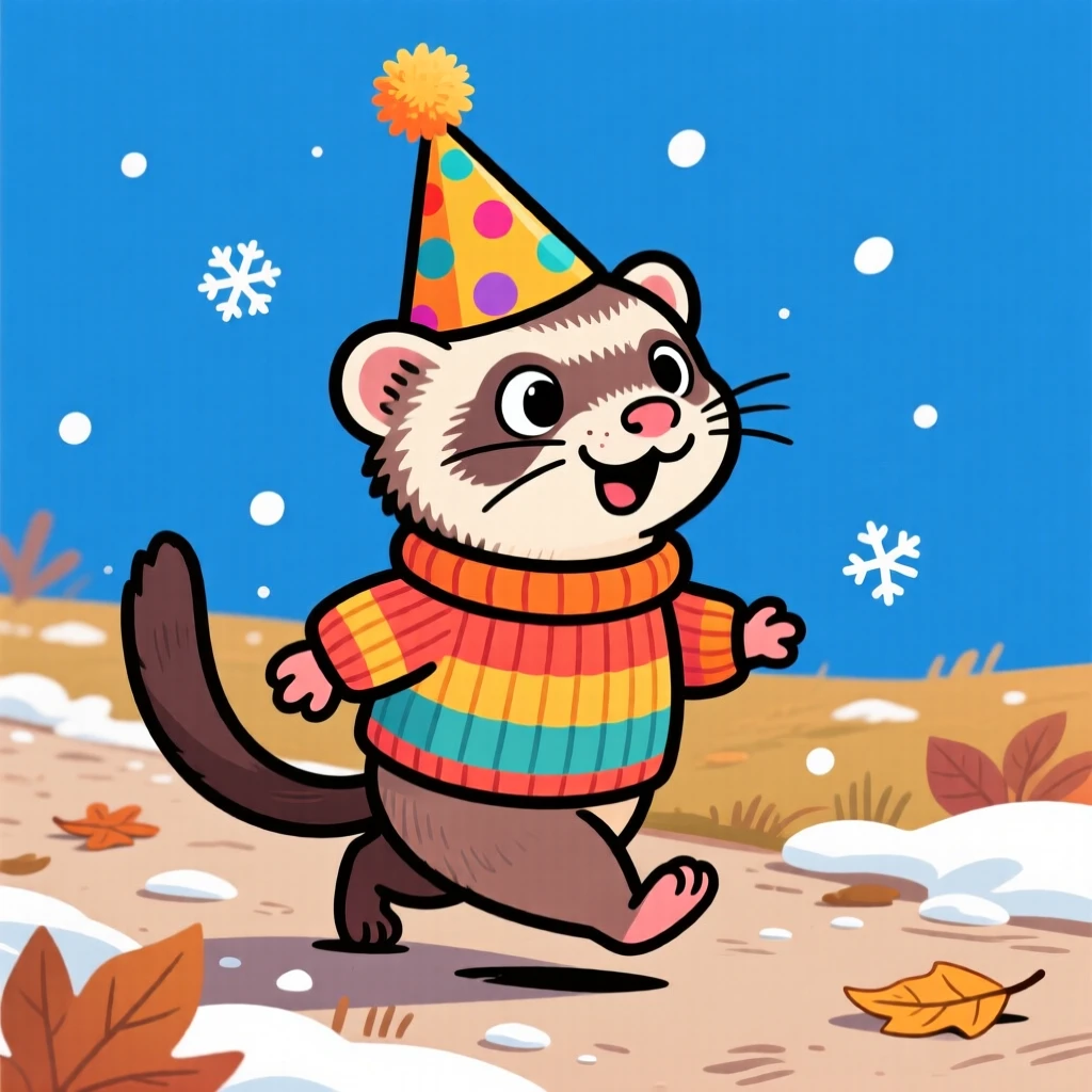 A playful pet moment featuring a curious ferret wearing a tiny knitted sweater on a chilly walk, with a birthday hat slightly askew.