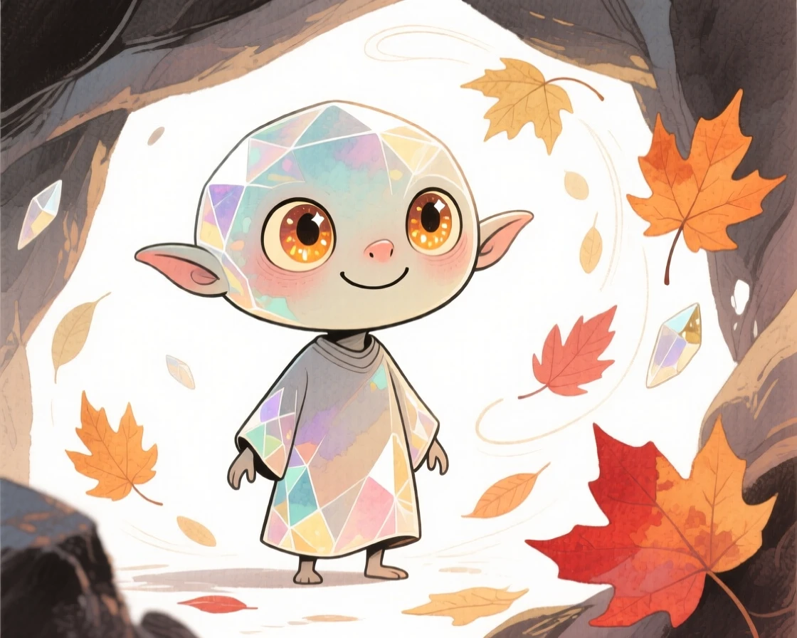 A crystal cave dweller commanding a swirl of autumn leaves like magic