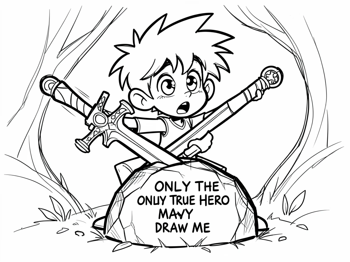 [Fantasy & Imaginative Scenarios] Imaginative fantasy scene of a young hero pulling a legendary sword from a stone, brimming with wonder