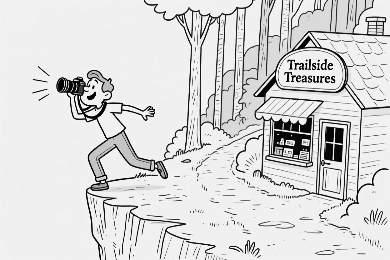 A photographer nearly toppling over a cliff for the perfect shot, leaning back just a little too far for safety, set at the start of a forested hiking trail. A tiny souvenir shop peeks around the corner. The image feels like a postcard brought playfully to life.