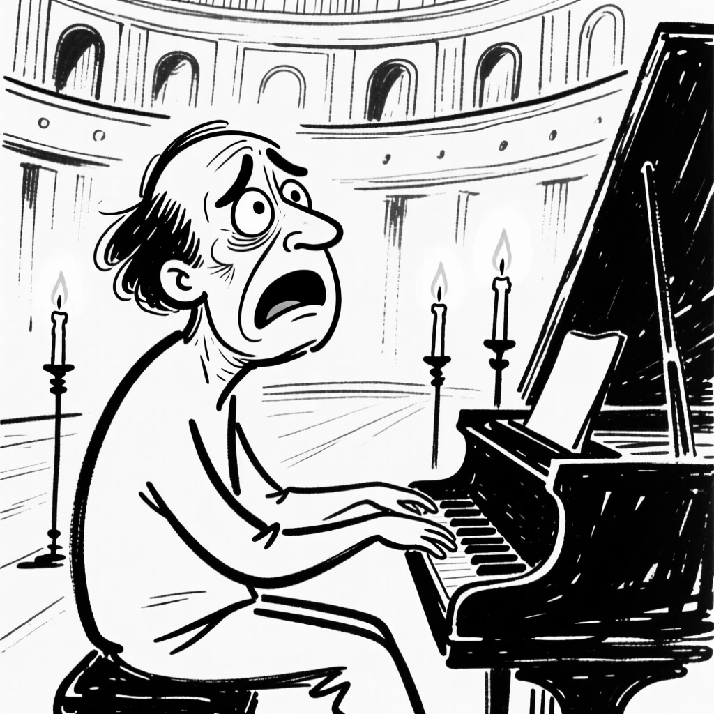 A pianist performing an emotional solo in a grand, candlelit concert hall.