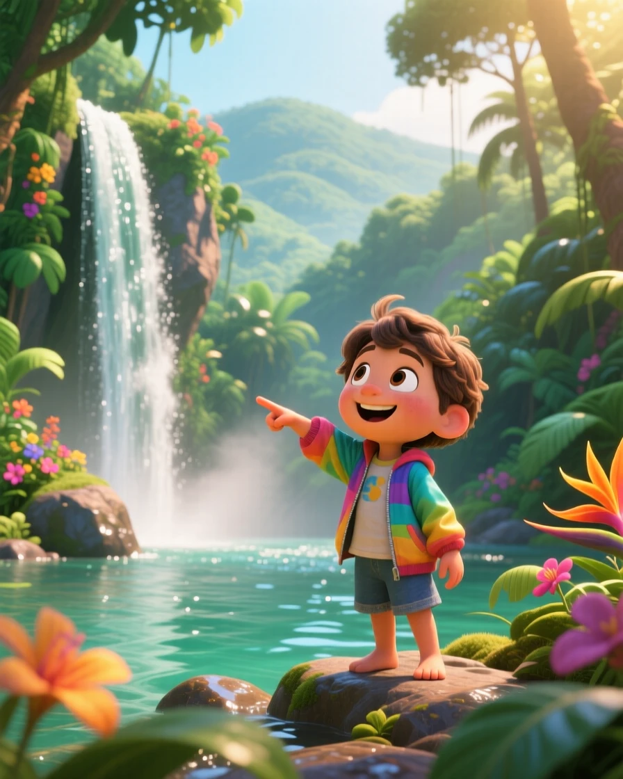 A child pointing excitedly at the view stands beside a waterfall cascading into a jungle pool, letting the wind catch their jacket. A sense of wonder and freedom fills the moment, with a light mist clinging to the distant hills.
