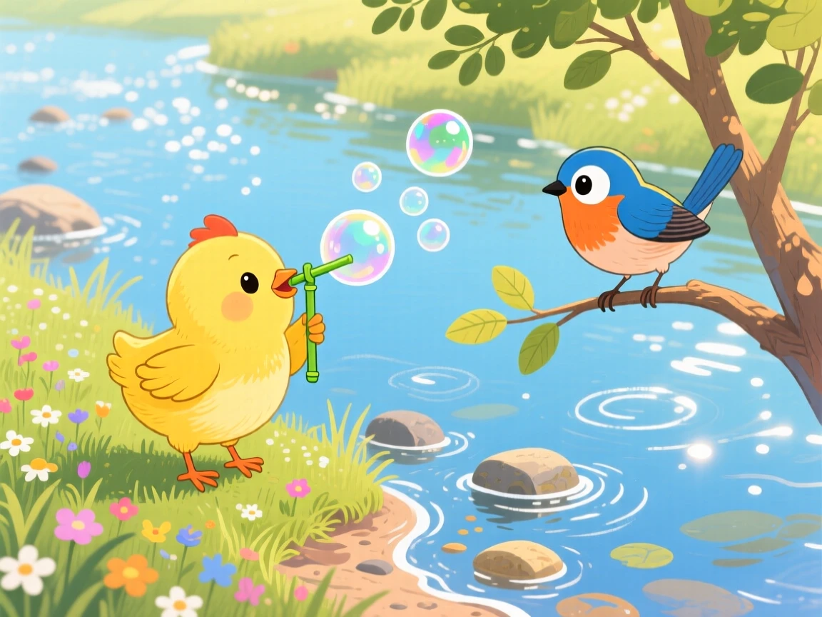 A bright yellow chick is blowing bubbles with a reed in a babbling riverbank, while a curious bird watches from a branch.