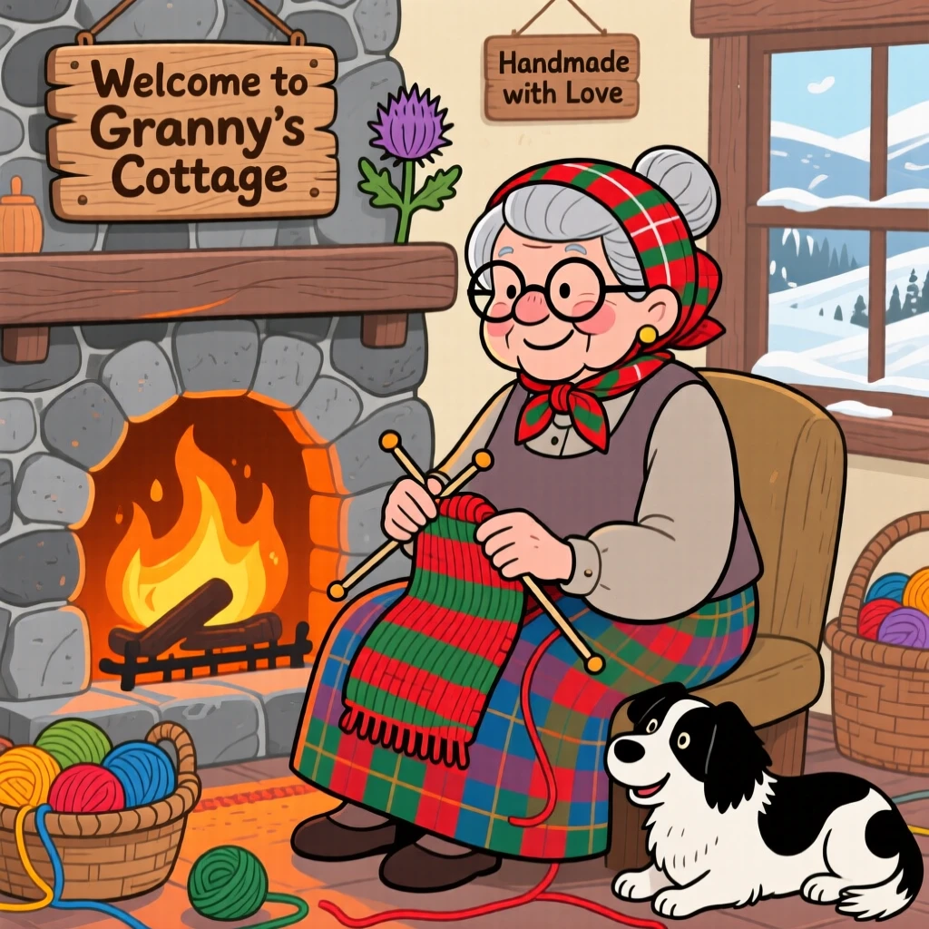 A grandmother in Scotland knitting a tartan scarf by a cozy hearth.