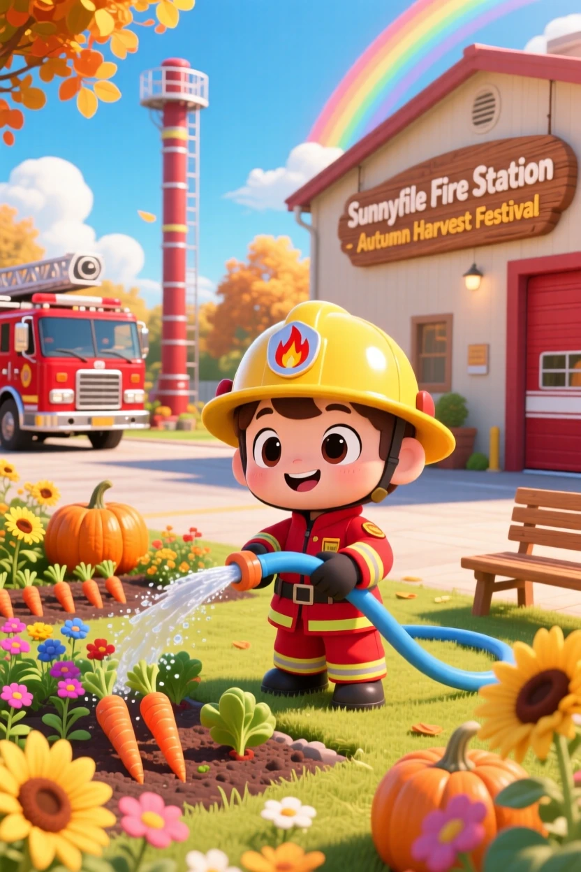 A little firefighter watering a small garden with a hose like a hero, framed as a wide establishing shot within a sunny fire station yard, during golden autumn harvest season, glowing under bright rainbow-tinted light, evoking delighted joy.