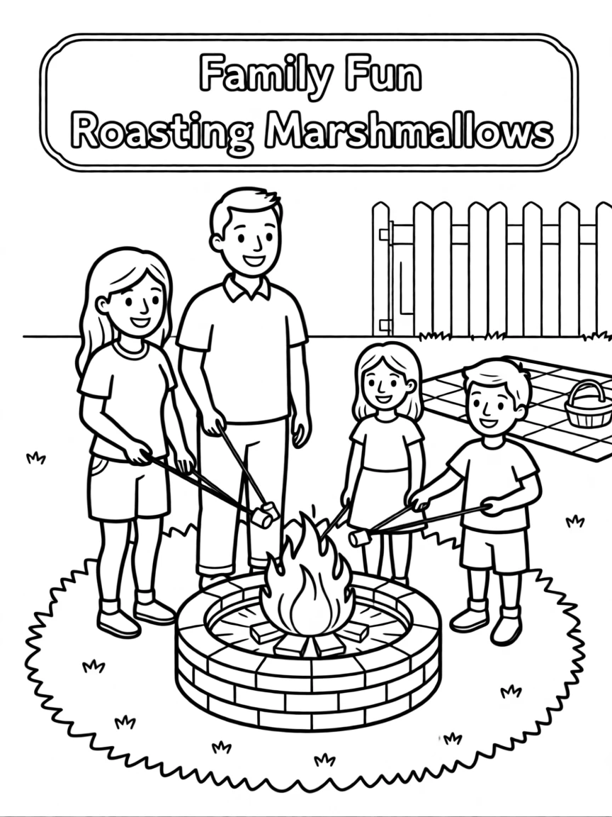 A family roasting marshmallows around a backyard fire pit
