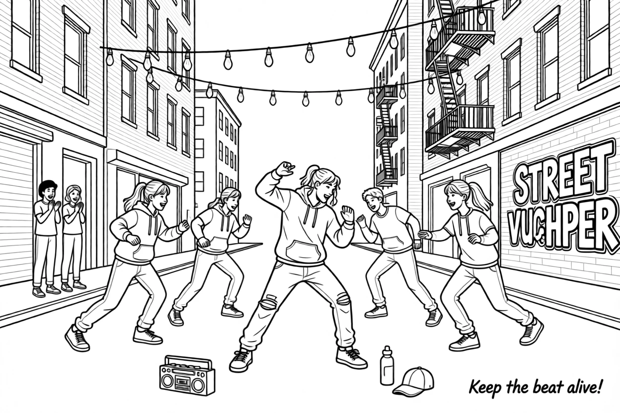 A group of dancers battling it out in a street cypher, with string lights strung across the ceiling.