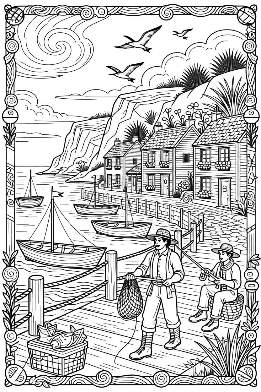 A traditional fishing village harbor on a rugged coastline.