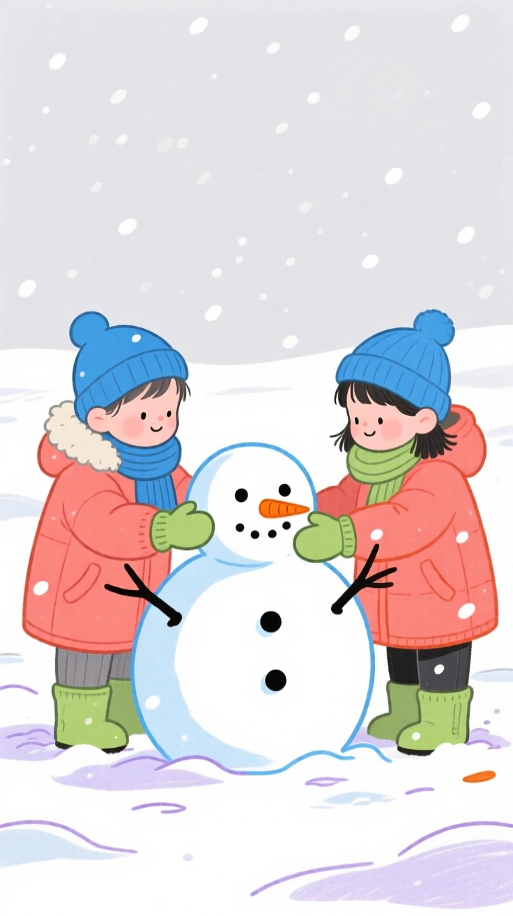 Two children building a snowman in a fresh layer of snow.