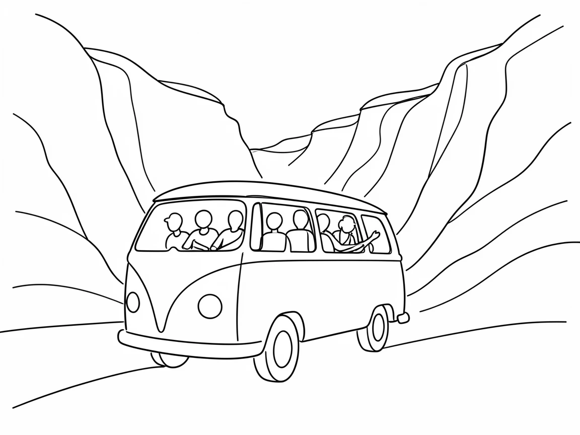 A group of friends road-tripping in a van through a desert canyon