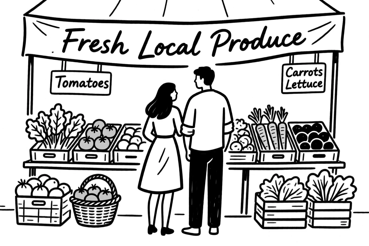A couple exploring a farmers market stall filled with fresh produce.