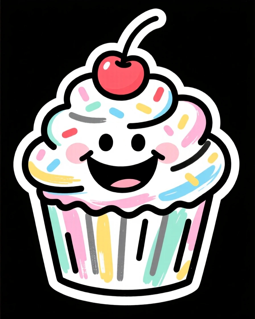 A smiling cartoon cupcake with sprinkles and a cherry on top.