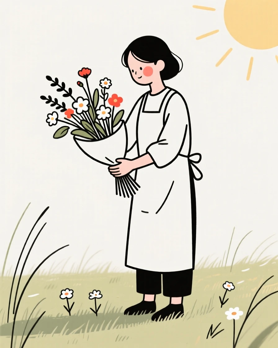 A florist arranging a bouquet in a sunlit meadow.