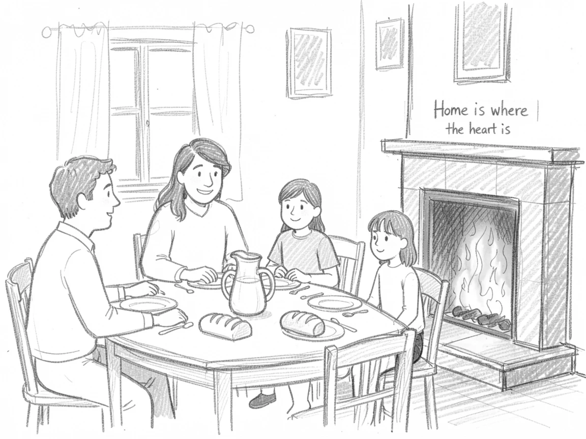 An emotional scene of a family gathered around a dinner table around a crackling fireplace, glowing with quiet joy.