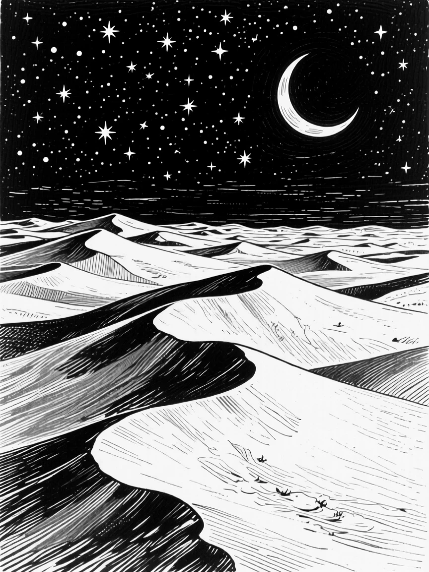 The dramatic dunes of the Sahara Desert stretching endlessly under a starlit sky.