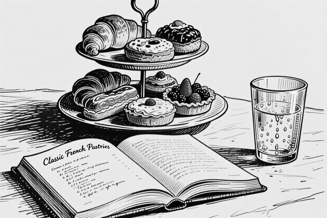 A tiered display of pastries placed beside an open cookbook, with droplets of condensation on a nearby glass, presented in a warm and comforting culinary still life.